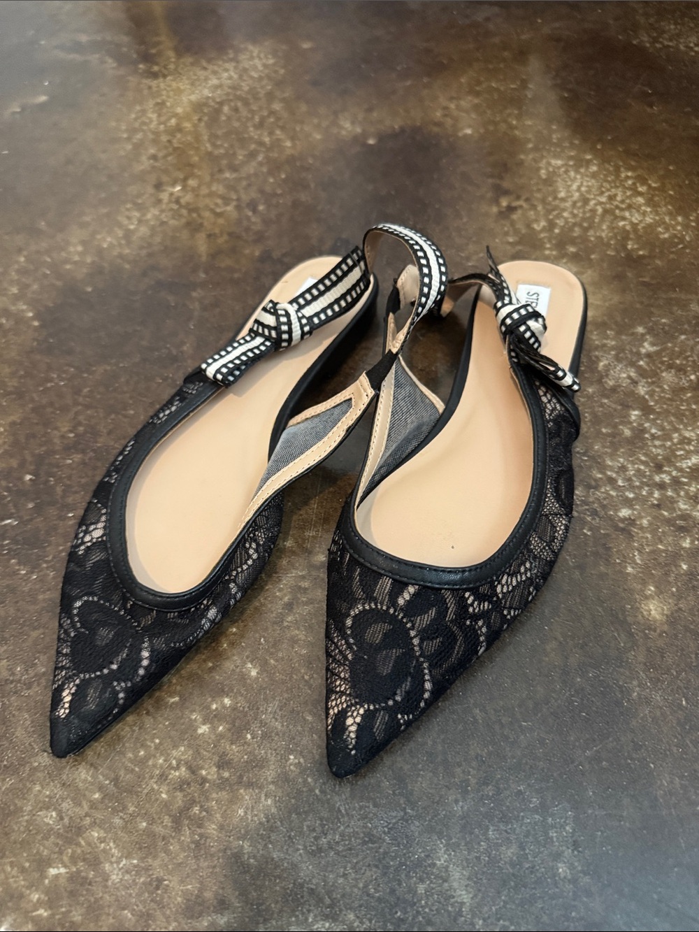 Steve Madden Black Lace Pointed Slingback Flats with Studded Strap